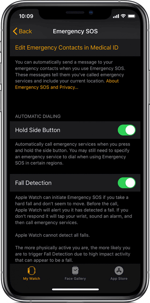 iPhone Emergency Apple Watch settings