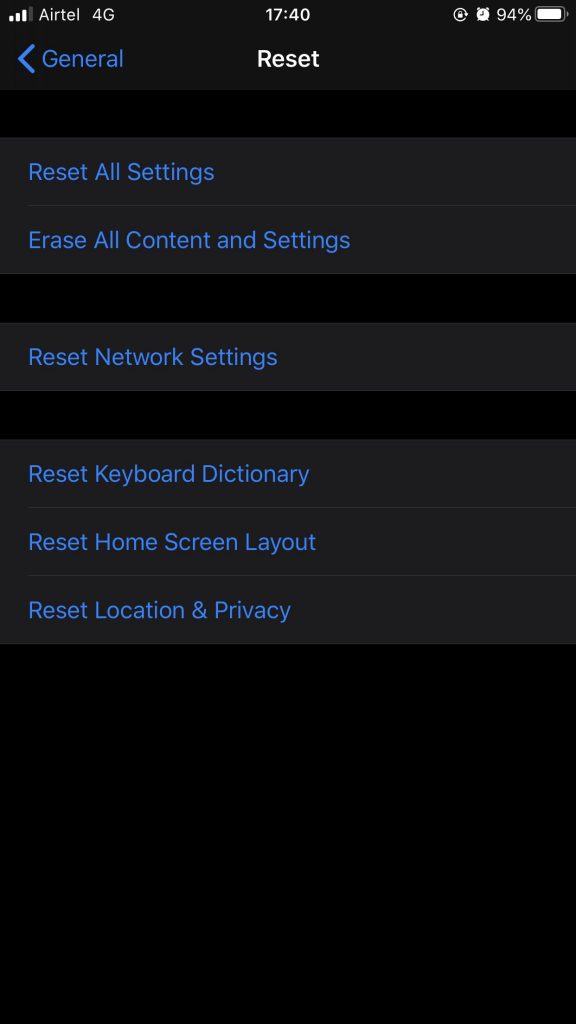 reset all settings