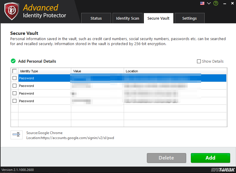 Advanced Identity Protector Vault Page