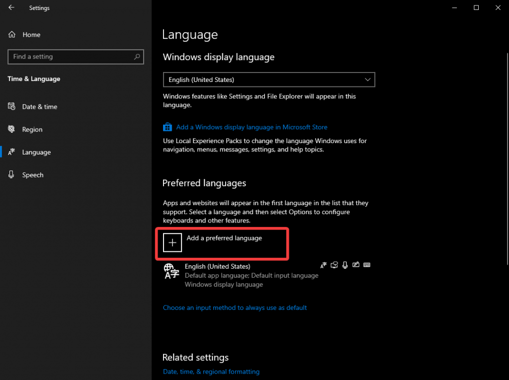 Windows 10 Add Language settings