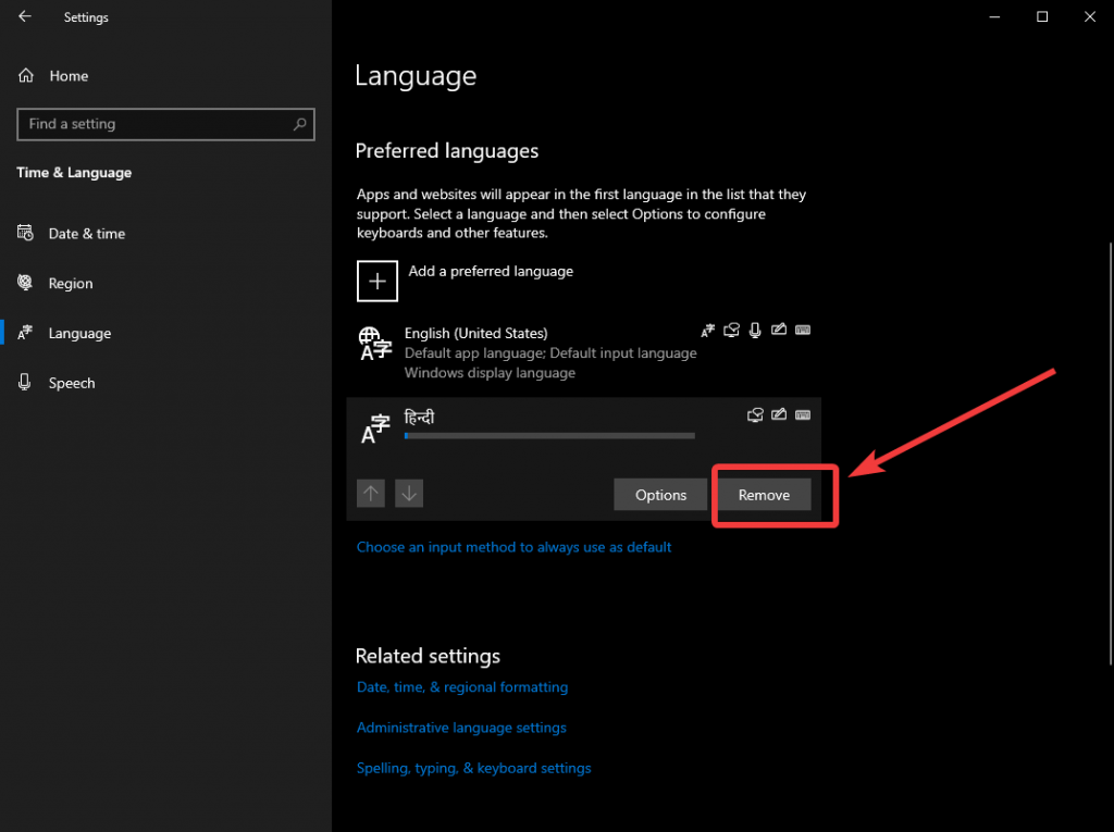 Windows 10 uninstall language pack