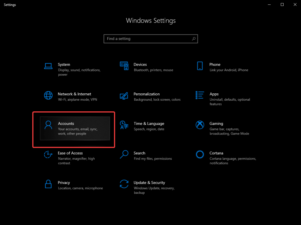 accounts in setting tab