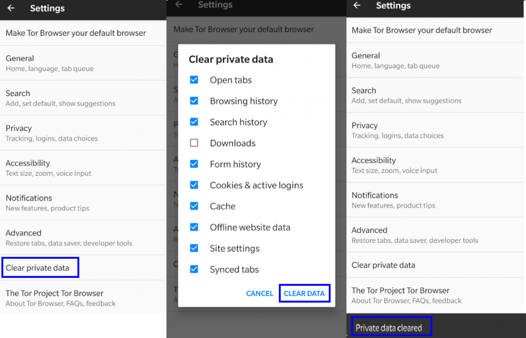 tor browser for android clear private data
