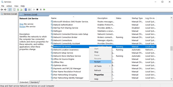 Restart Network List Service