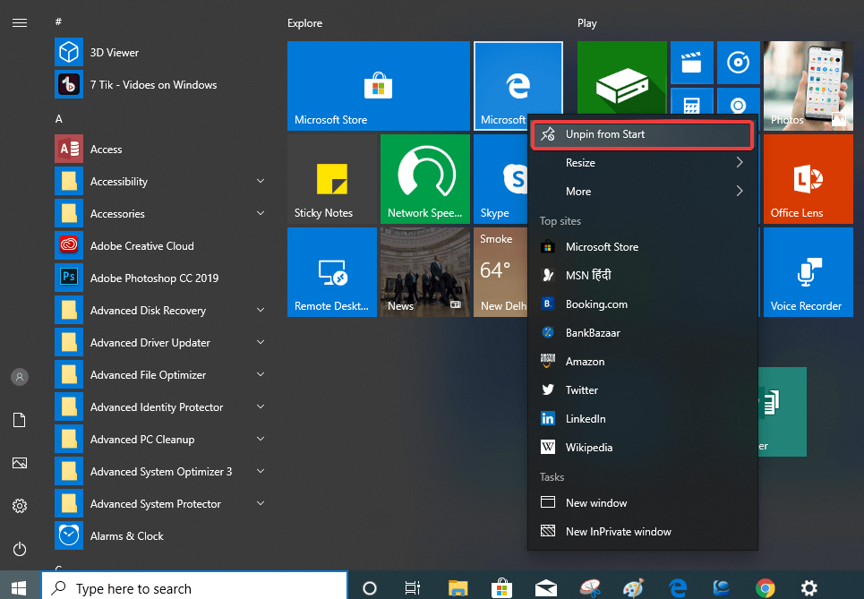 Step to turn Windows 10 Start Menu into Windows 7 Start Menu