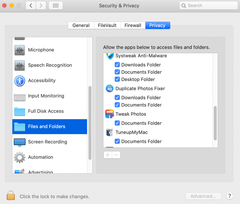 files and folders in security and privacy
