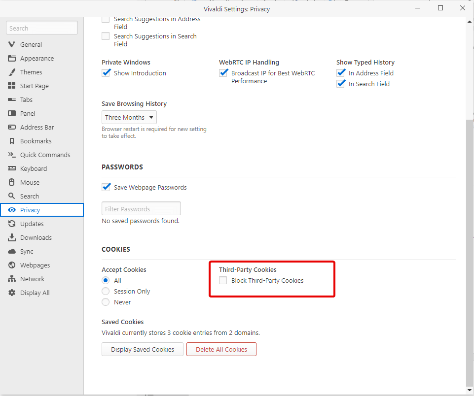 tracking cookies on Vivaldi browser