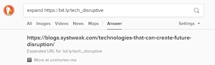 DuckDuckGo Search Engine -Shorten and expand links