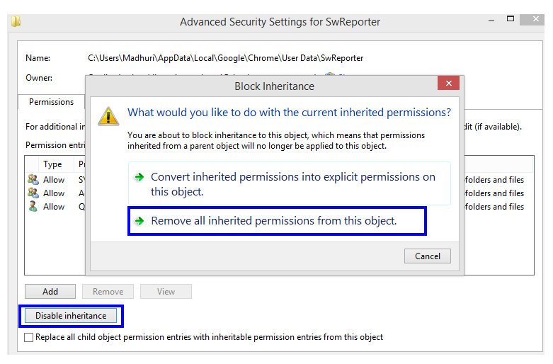 Google Chrome software reporter tool Disable Inheritance