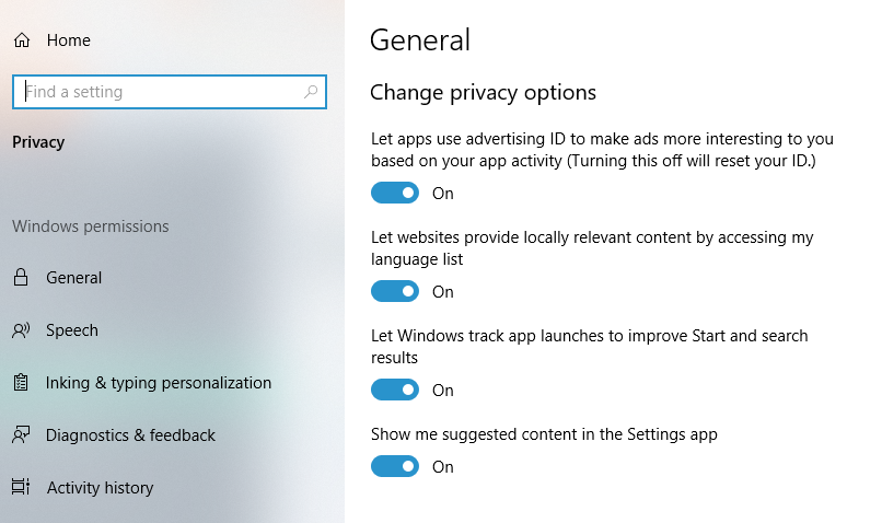 My Activity History Windows 10 change privacy options