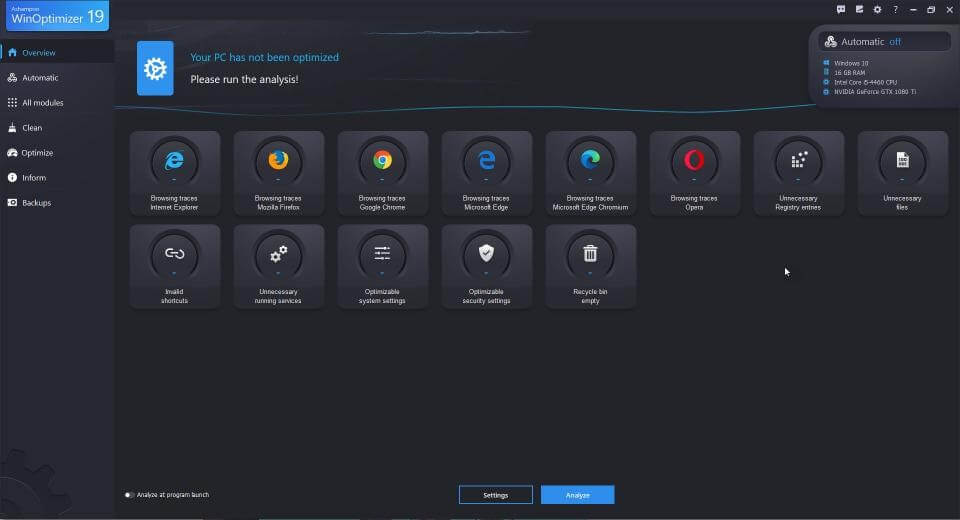 Ashampoo WinOptimizer Dashboard