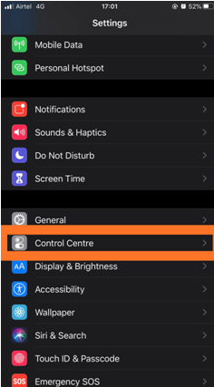 Control Centre on iPhone