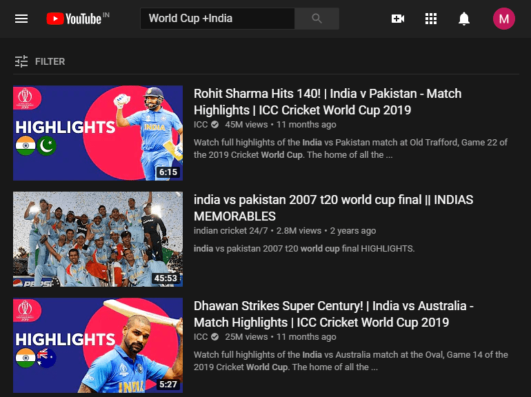Cricket World Cup on youtube