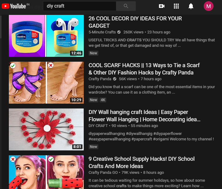 DIY crafts search on youtube