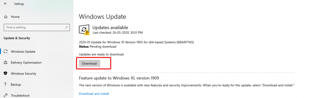 Download button in windows update