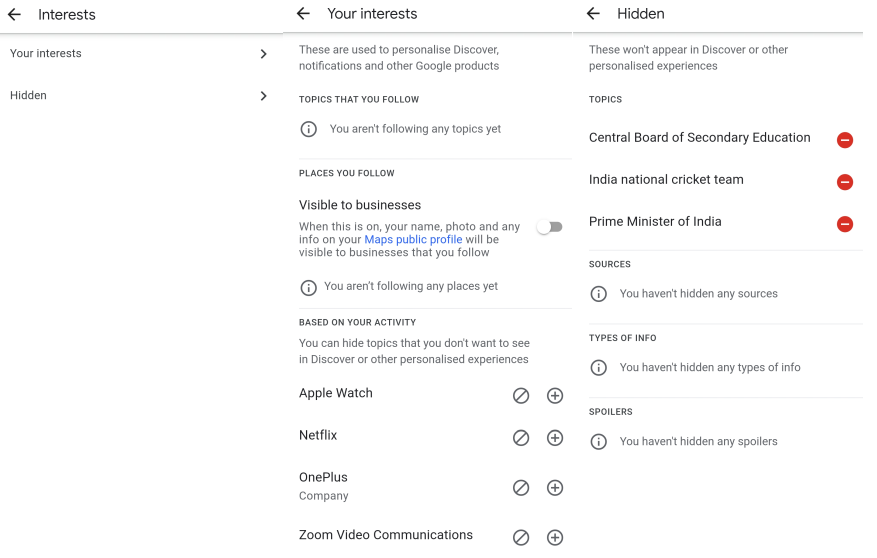 Google discover feed interests
