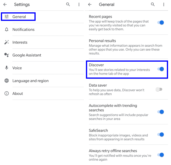 Google discover feed settings