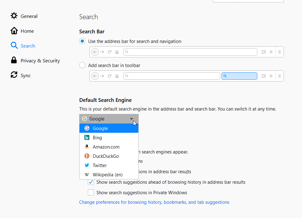 Default Search Engine select in firefox