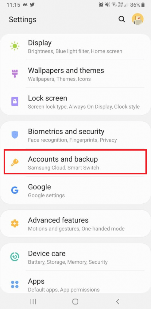 Tap Accounts and backup section in android, remove gmail account from android