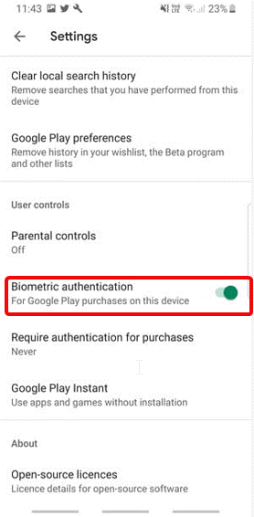 biometric authentication option in play store