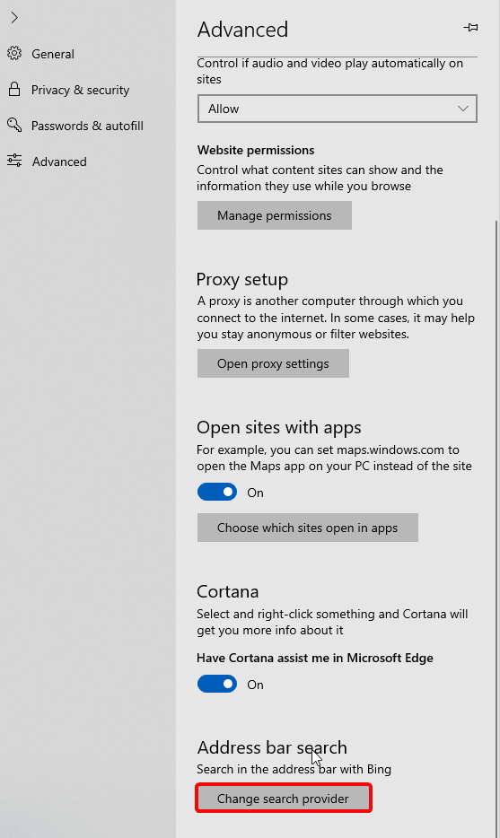 change search provider in Microsoft edge