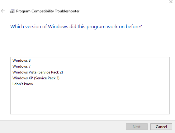 compatibility mode in windows 10 choose OS