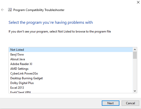 compatibility mode in windows 10 select program