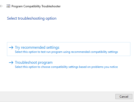 compatibility mode in windows 10 troubleshooter options
