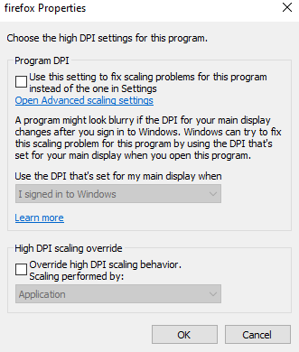 compatibility mode in windows 10change DPI settings