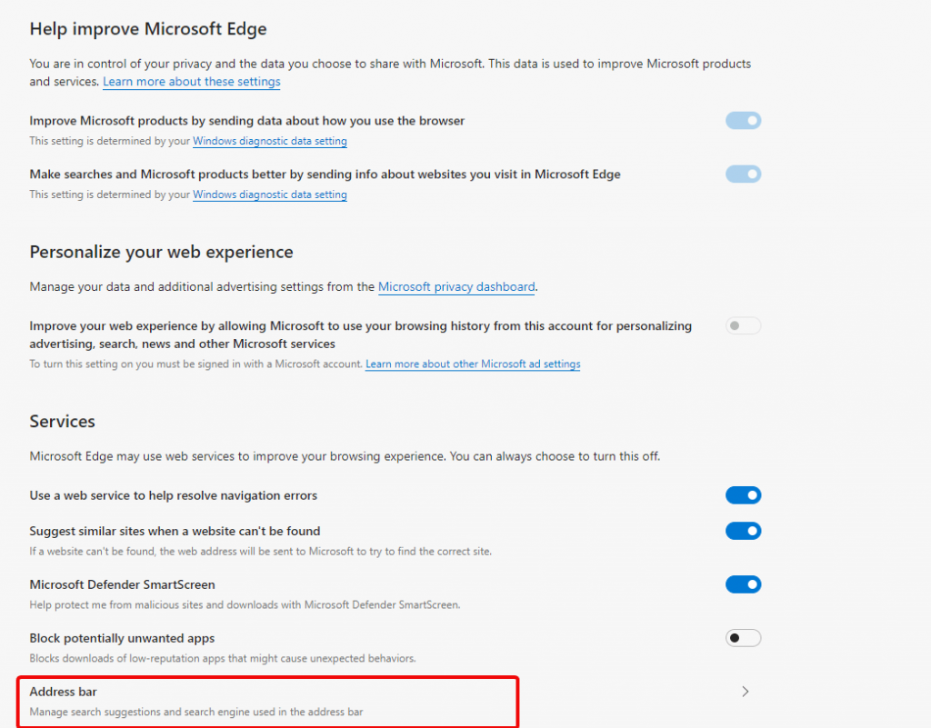 manage search engine in Microsoft edge