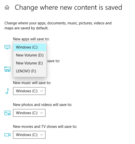 move installed programs to another drive windows 10 change where new cpontent is saved