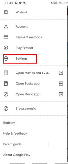 scroll to Settings in google play store