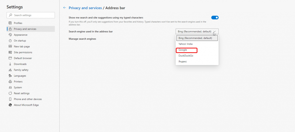 select google in dropdown menu of edge