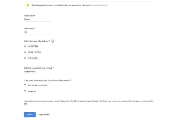 submit the refund request on google play