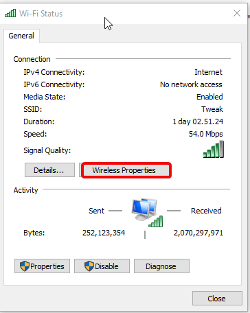 wireless properties in widows, find Wi-Fi password windows 10