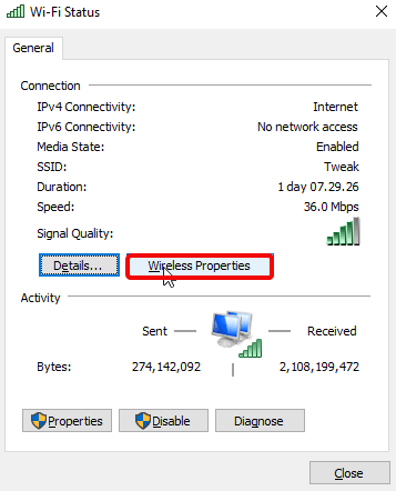wireless properties option in wifi status, how to view Wi-Fi password on windows 10