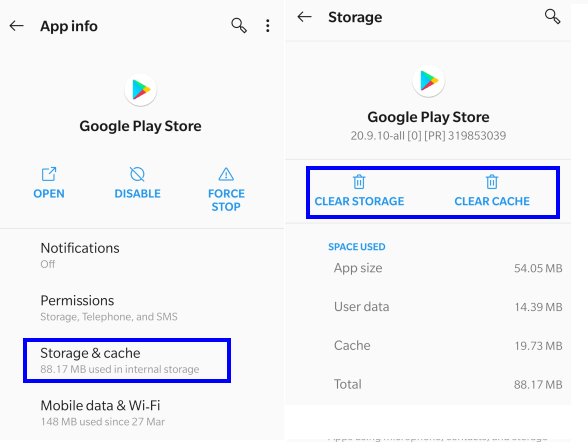 Clear storage and cache, google play error