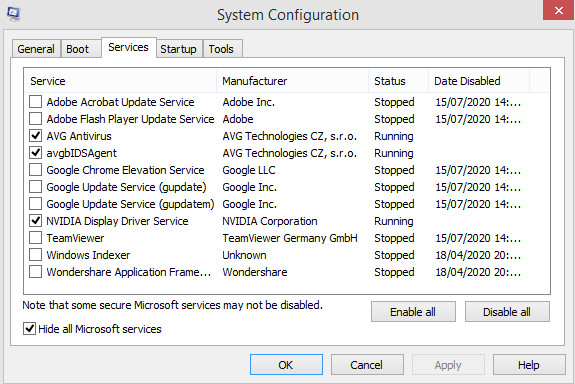 Hide all Microsoft services in system configuration