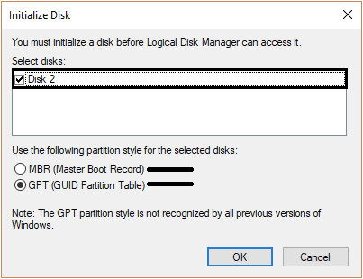 disk unknown not initialized unallocated
