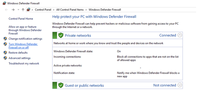 Windows Defender Firewall window
