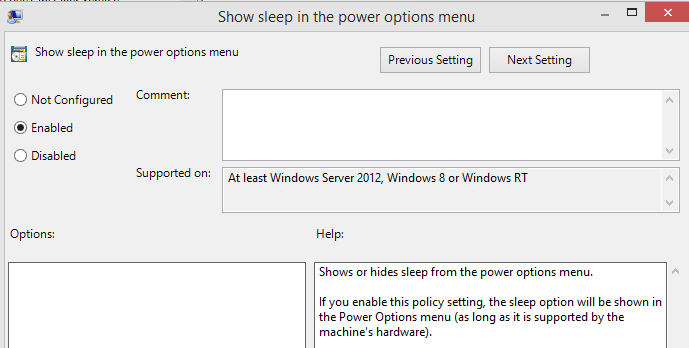 Show sleep in the power options menu