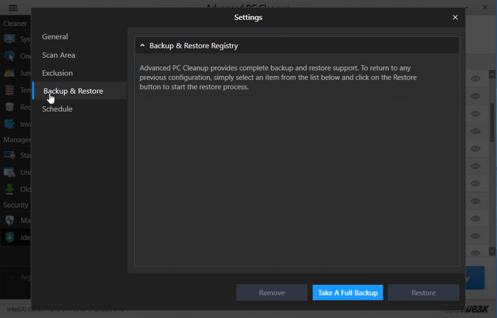 backup and restore registry in advanced pc cleanup