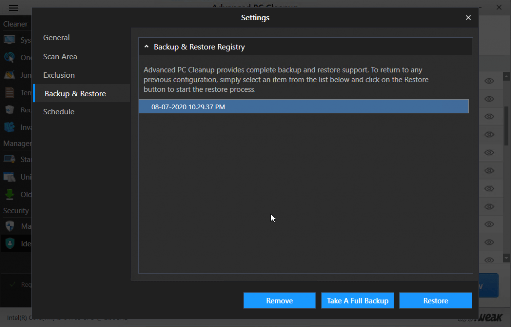 backup with time in advanced pc cleanup