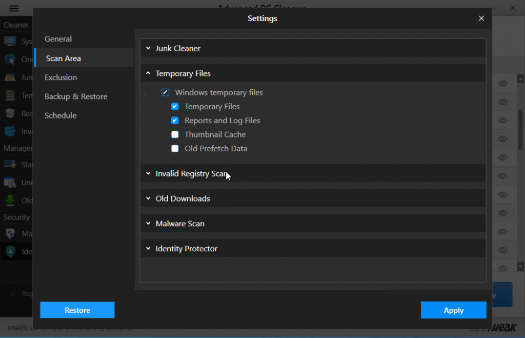 change scan setting in advanced pc cleanup