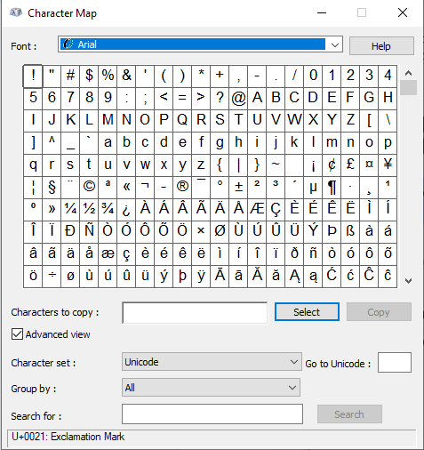 character map drop down list in windows, symbols from keyboard on computer