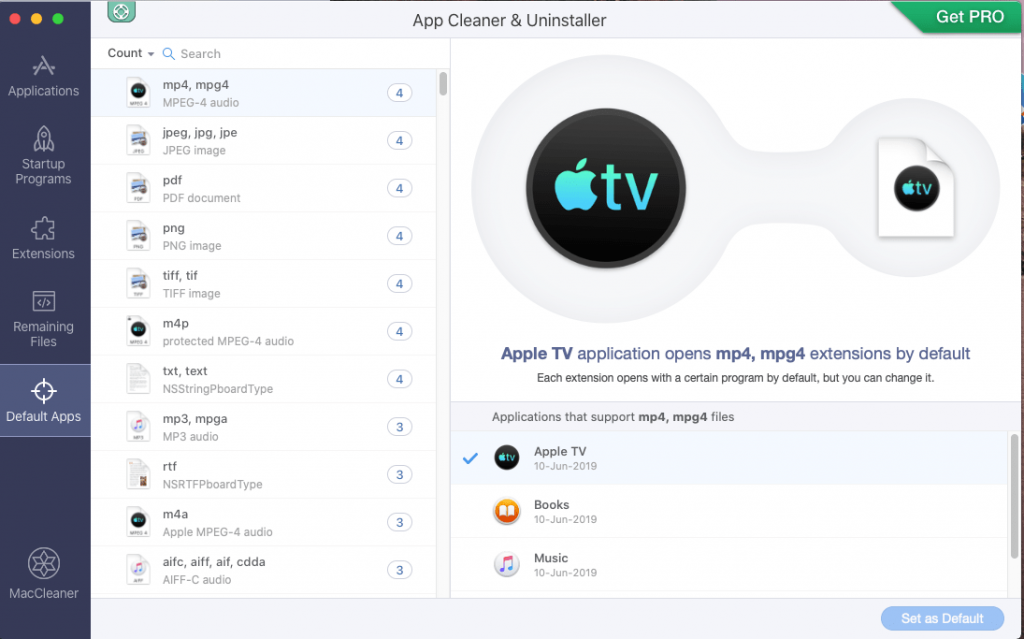 defaults apps option in nektony cleaning app