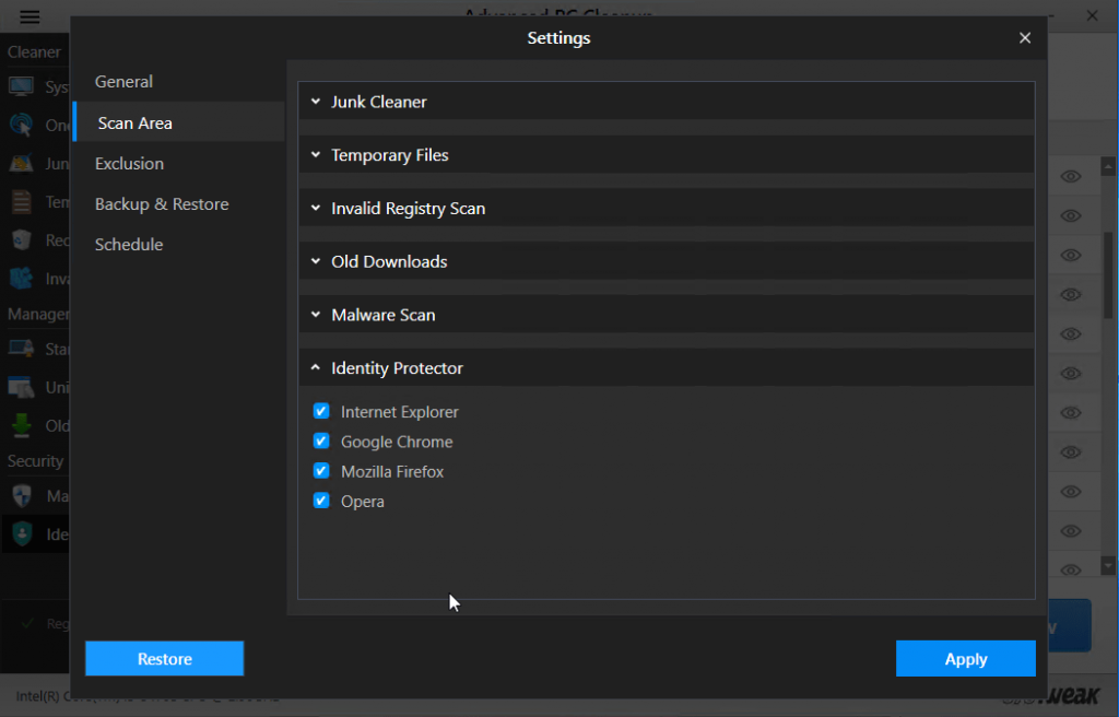 identity protector in advaned pc cleanup