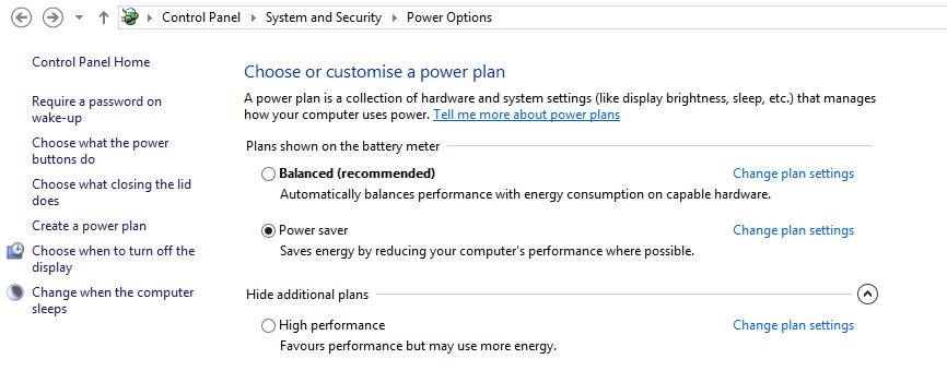 power option in system and security