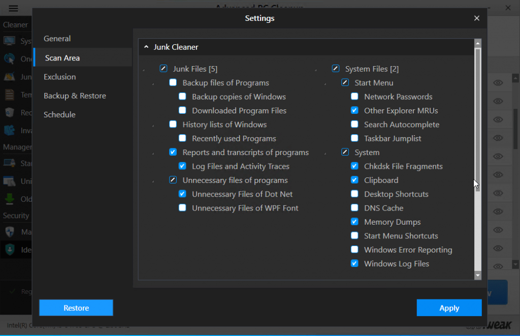 scan areas advanced pc cleanup