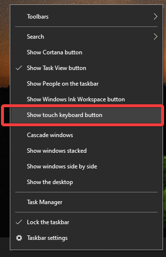 show touch keyboard button, type special characters windows